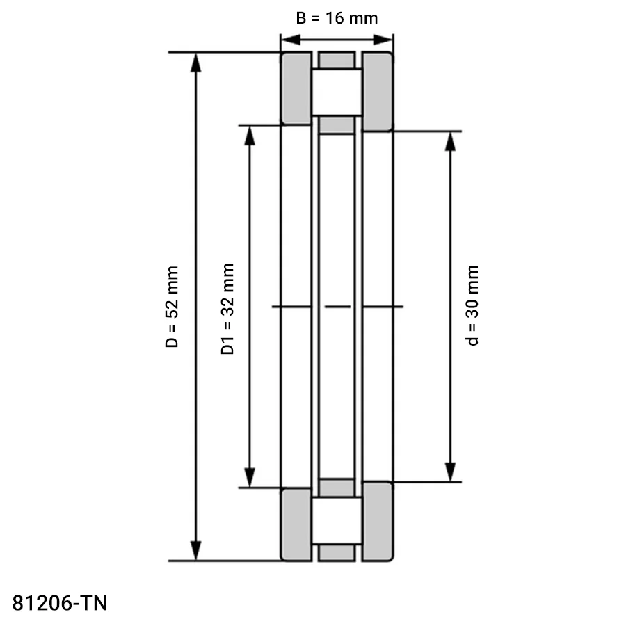 شمای فنی رولبرینگ استوانه ای کف گرد 81206 TN