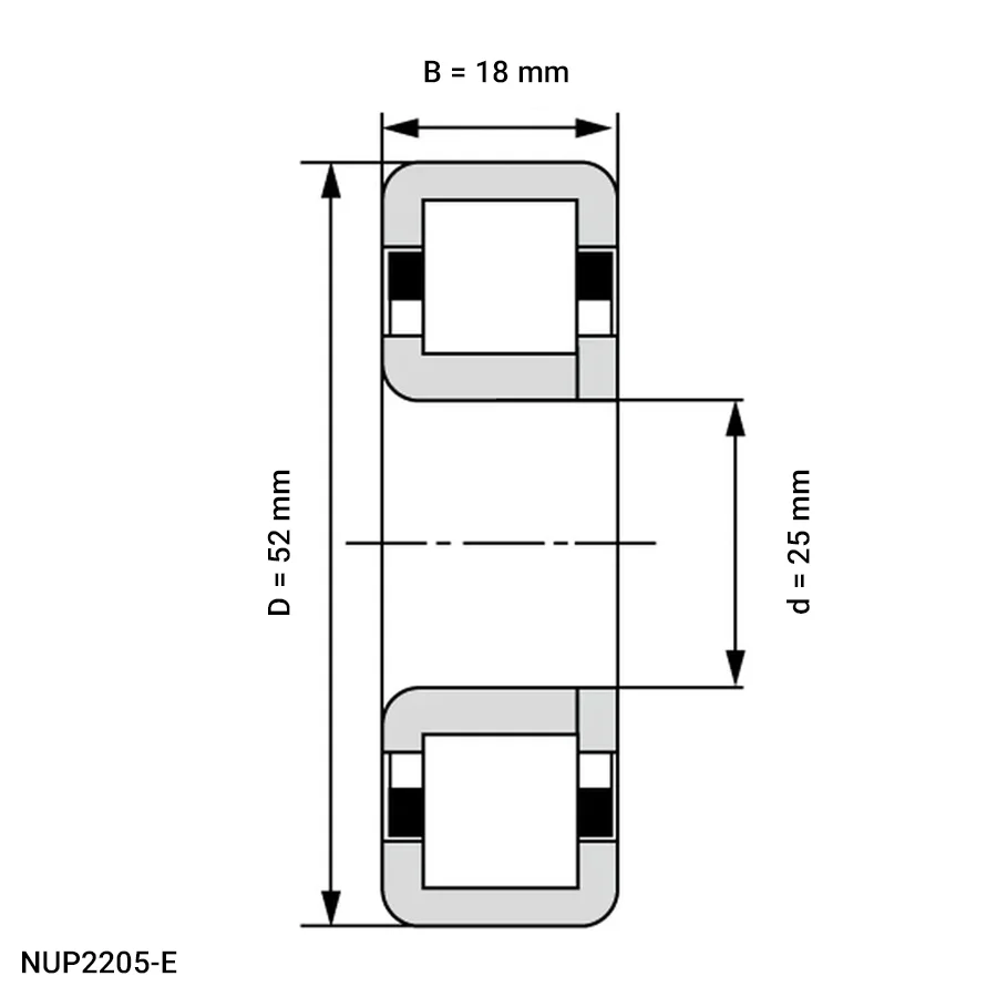 شمای فنی رولبرینگ استوانه ای NUP2205 E