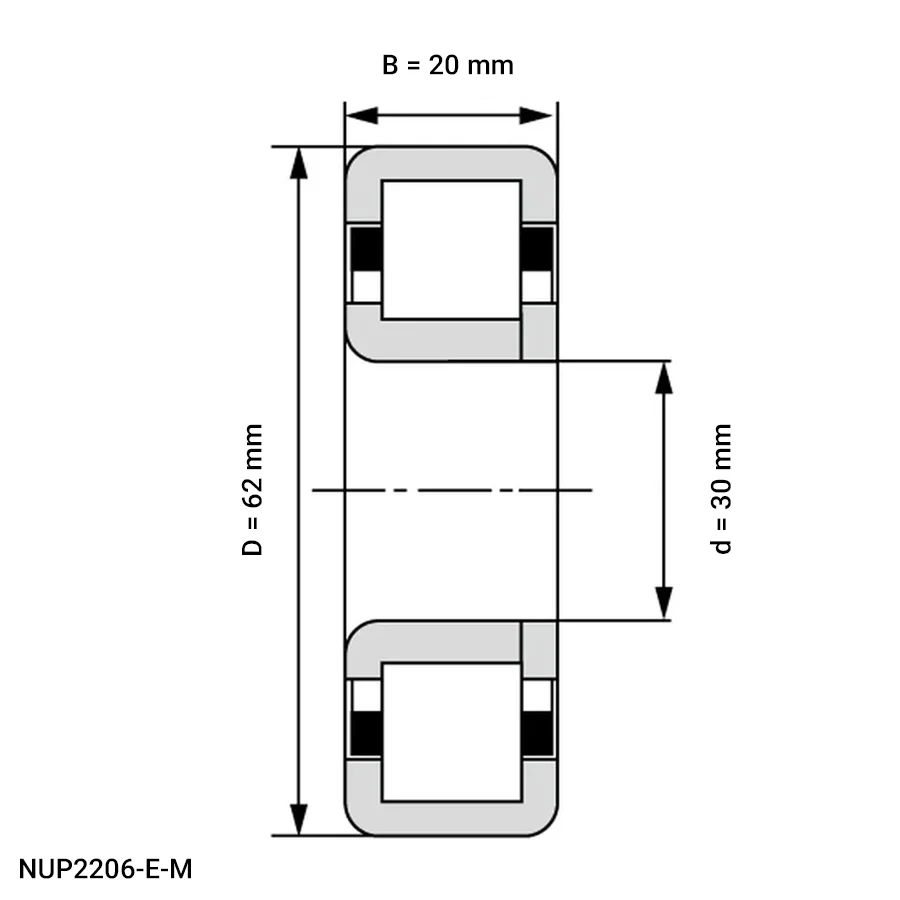 شمای فنی رولبرینگ استوانه ای NUP2206 E M