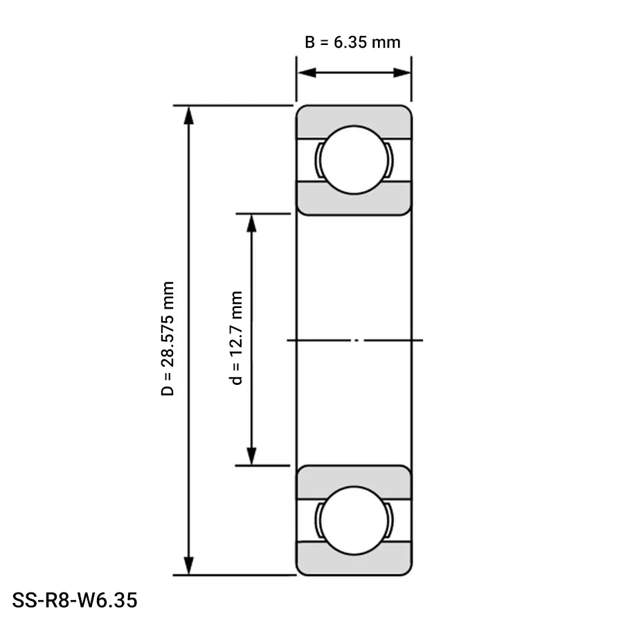 شمای فنی بلبرینگ شیار عمیق SS R8 W6.35