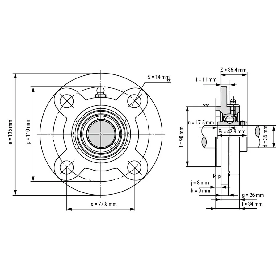 شمای فنی یاتاقان بلبرینگ UCFC 207