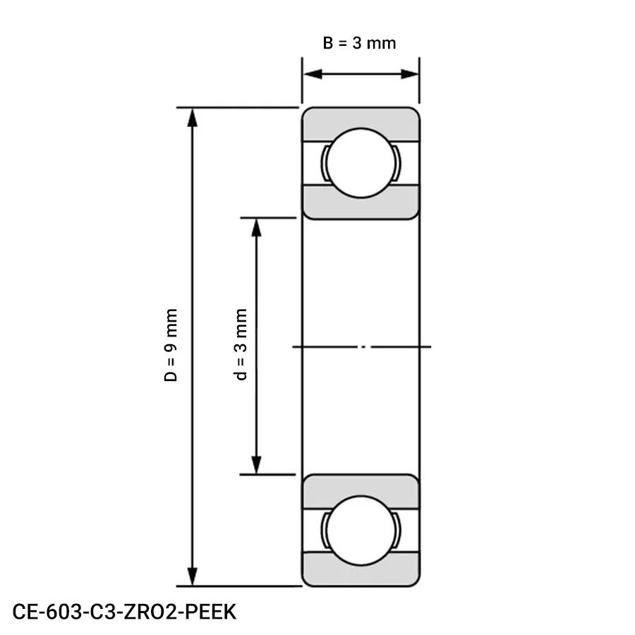 شمای فنی بلبرینگ شیار عمیق مینیاتوری CE 603 C3 ZRO2 PEEK