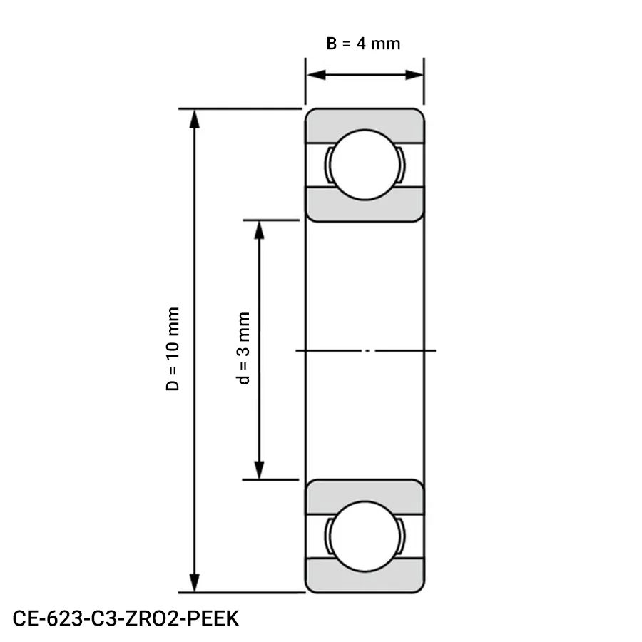 شمای فنی بلبرینگ شیار عمیق مینیاتوری CE 623 C3 ZRO2 PEEK