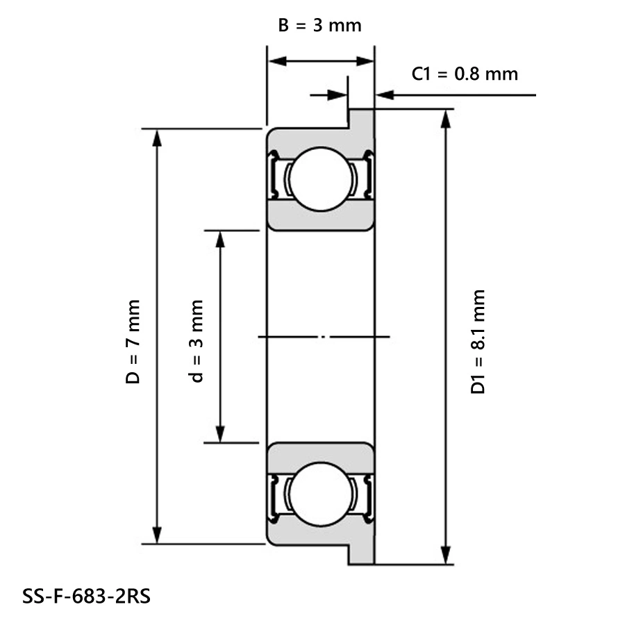 شمای فنی بلبرینگ شیار عمیق مینیاتوری SS F 683 2RS شمای فنی بلبرینگ شیار عمیق مینیاتوری SS F 683 2RS
