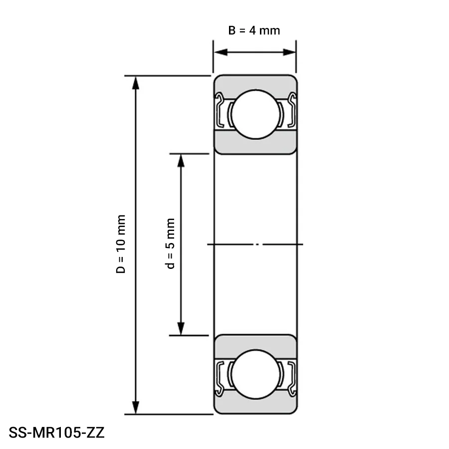 شمای فنی بلبرینگ شیار عمیق مینیاتوری SS MR105 ZZ شمای فنی بلبرینگ شیار عمیق مینیاتوری SS MR105 ZZ