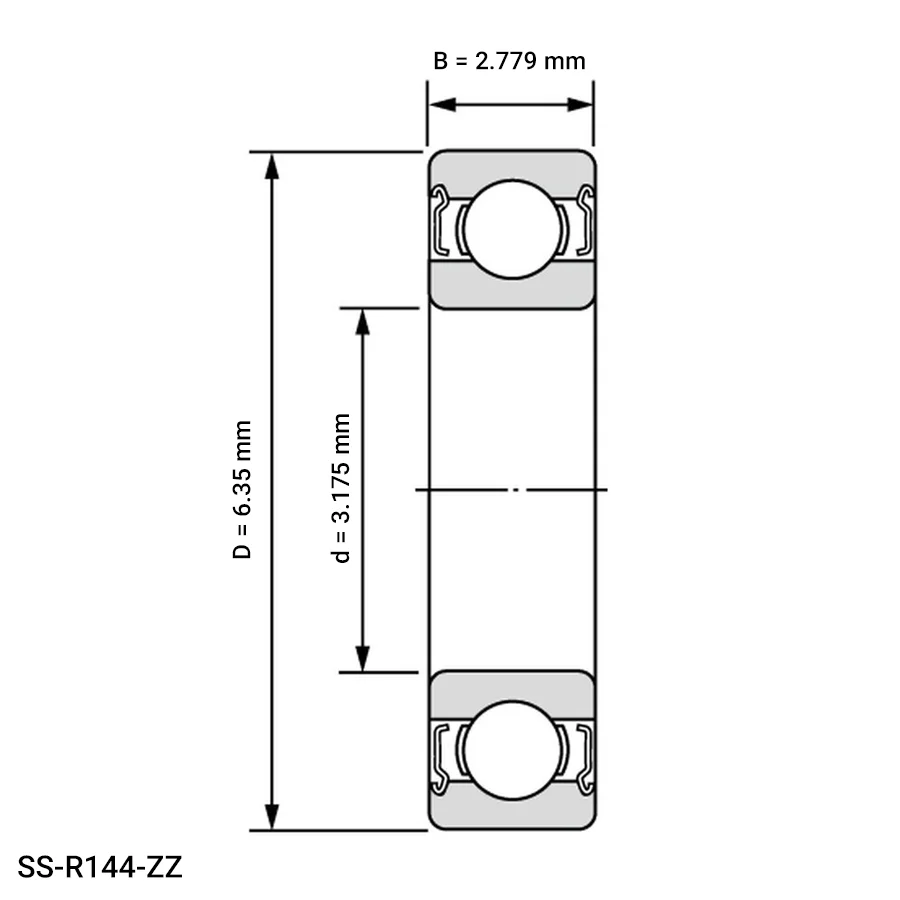 شمای فنی بلبرینگ شیار عمیق مینیاتوری SS R144 ZZ