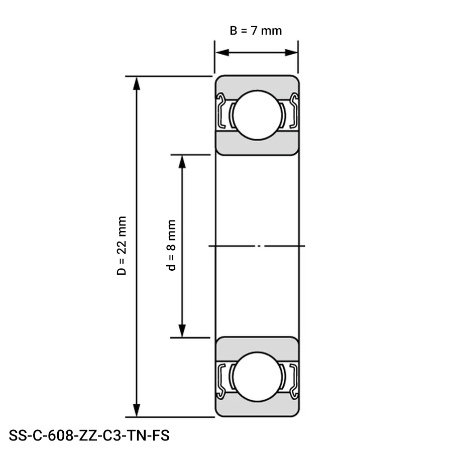 شمای فنی بلبرینگ شیار عمیق مینیاتوری SS C 608 ZZ C3 TN FS