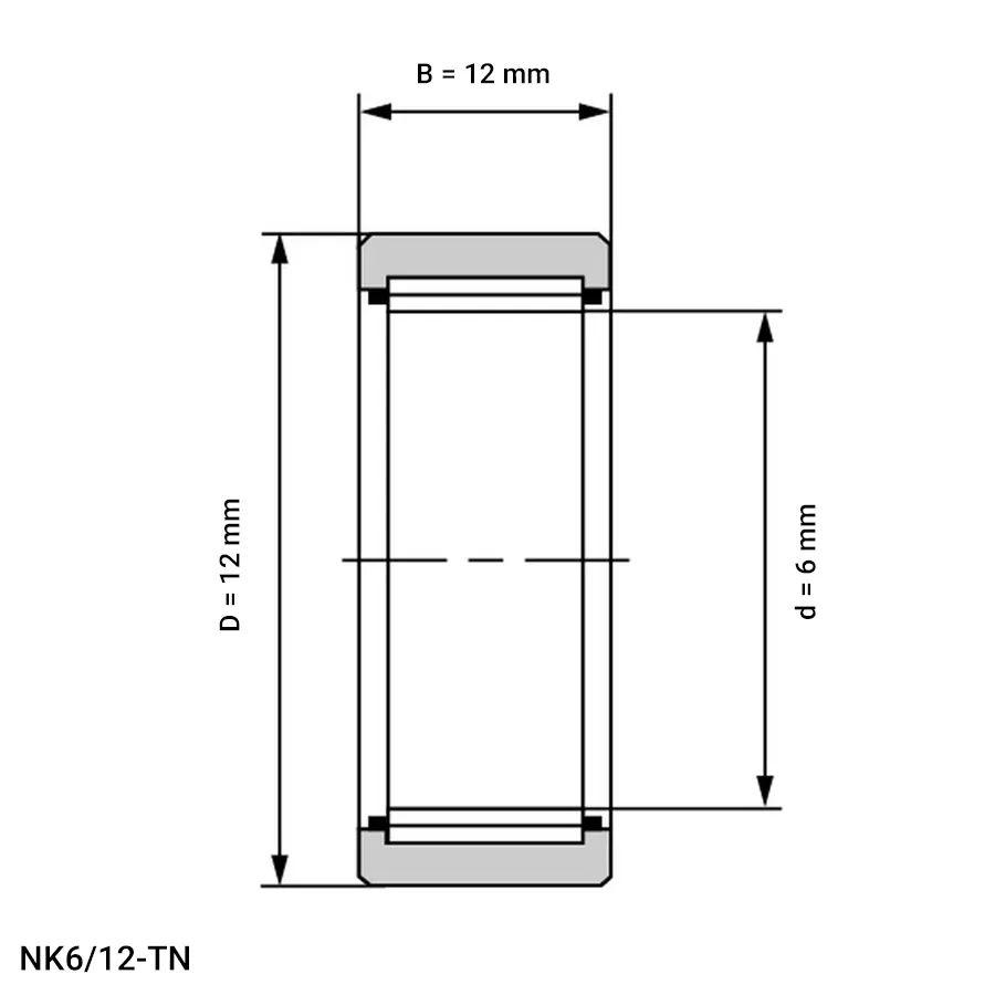 شمای فنی رولبرینگ سوزنی NK6/12 TN