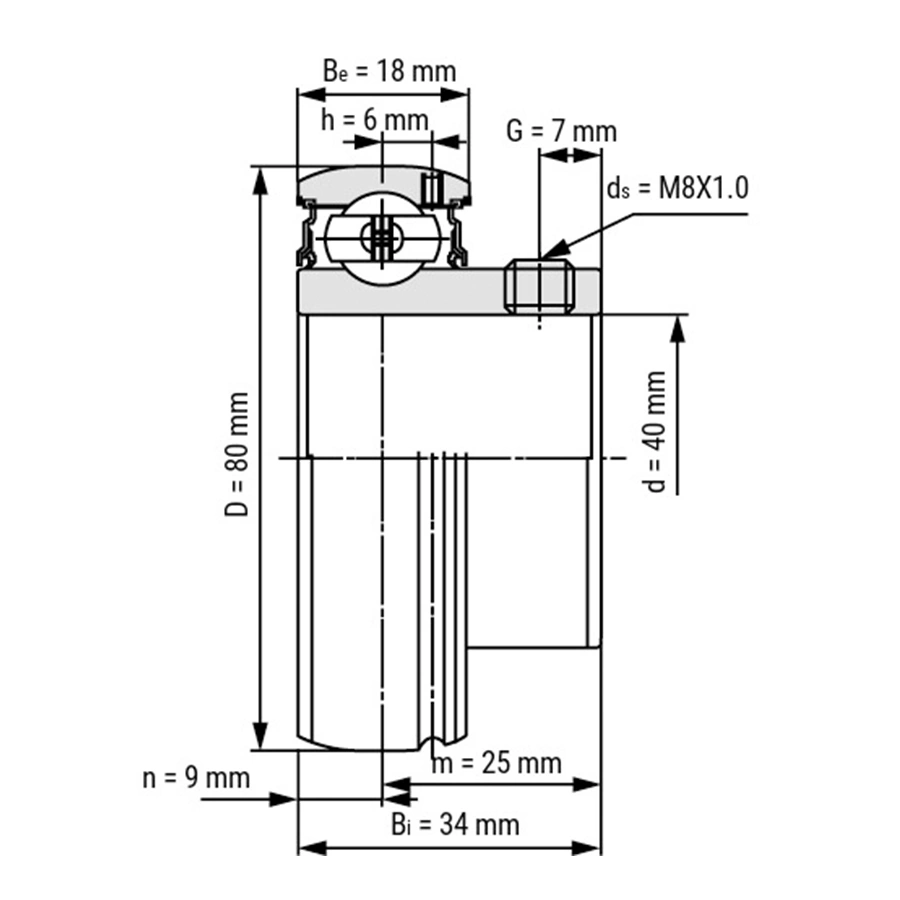 شمای فنی بلبرینگ یاتاقانی SB208 2RS