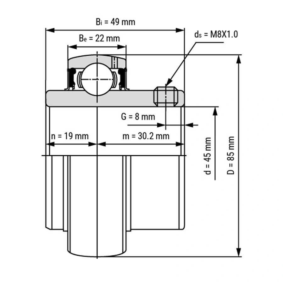 شمای فنی بلبرینگ یاتاقانی SS UC209