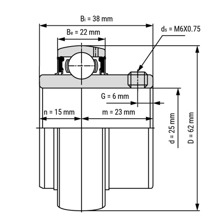 شمای فنی بلبرینگ یاتاقانی UC305