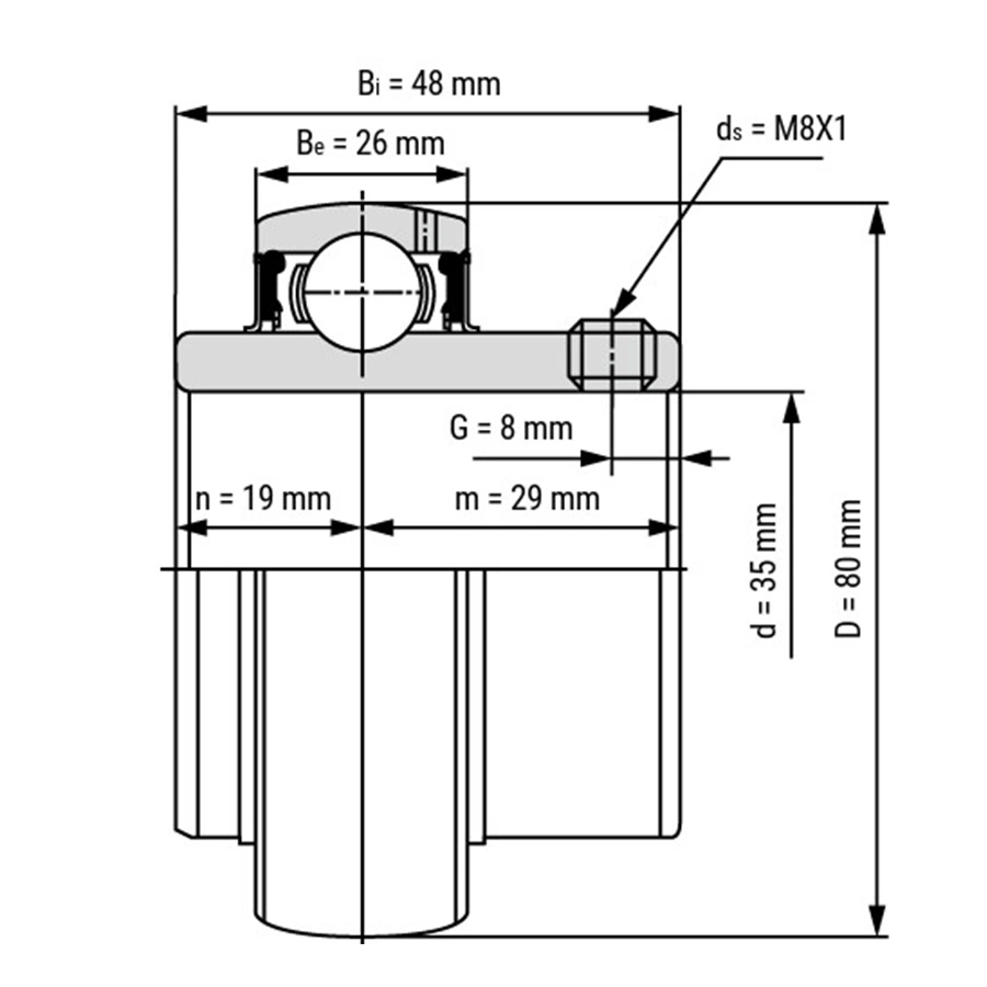 شمای فنی بلبرینگ یاتاقانی UC307