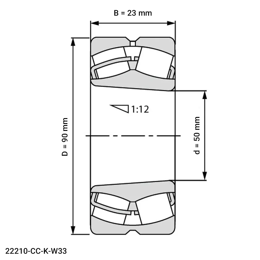شمای فنی رولبرینگ بشکه ای 22210 CC K W33