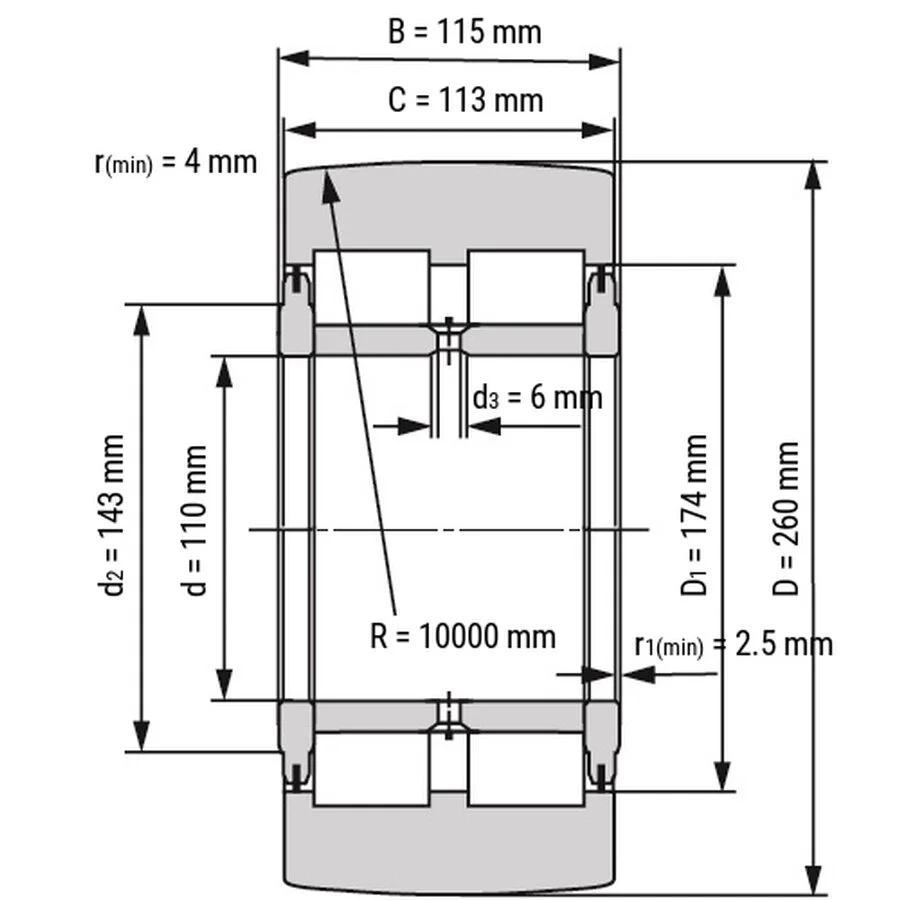 شمای فنی غلتک رولبرینگ NNTR110X260X115 2ZL