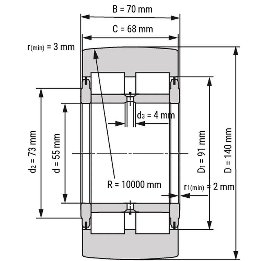 شمای فنی غلتک رولبرینگ NNTR55X140X70 2ZL