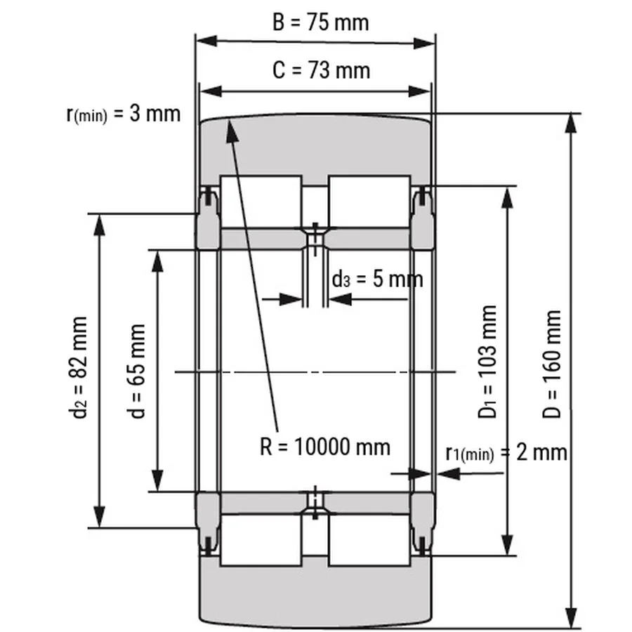 شمای فنی غلتک رولبرینگ NNTR65X160X75 2ZL