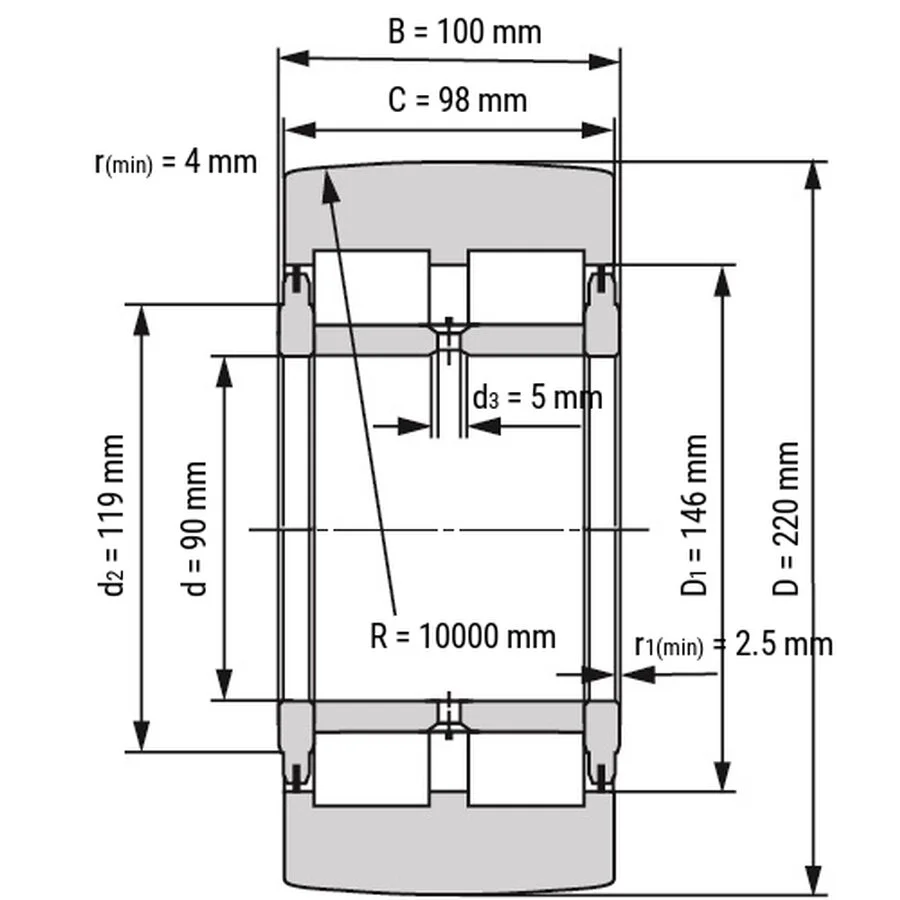 شمای فنی غلتک رولبرینگ NNTR90X220X100 2ZL